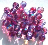 25 8mm Faceted Tri Tone Crystal/Cranberry/Montana AB Firepolish Beads